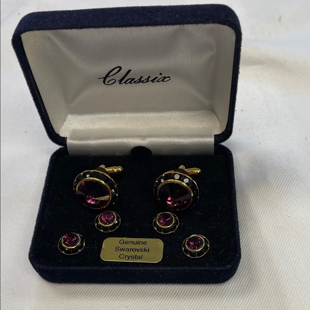Swarovski Crystal Purple with Black Austrian Crystal Boarder Cufflinks and Studs